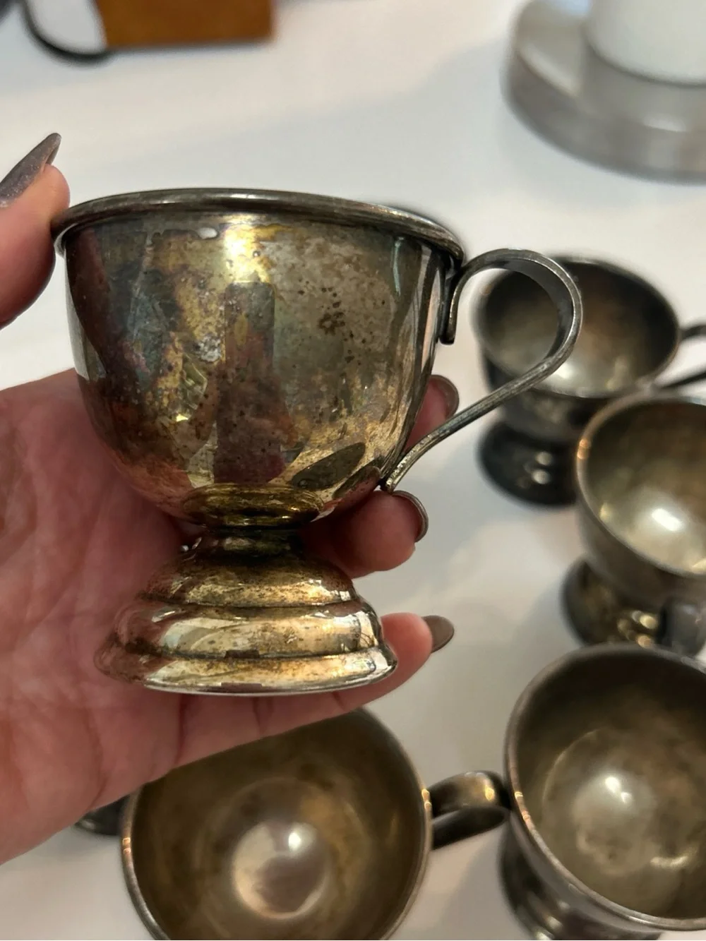 Vintage Nickel Silver EP Footed Japan Tea Cups Set of 7 Antique Serving-ware